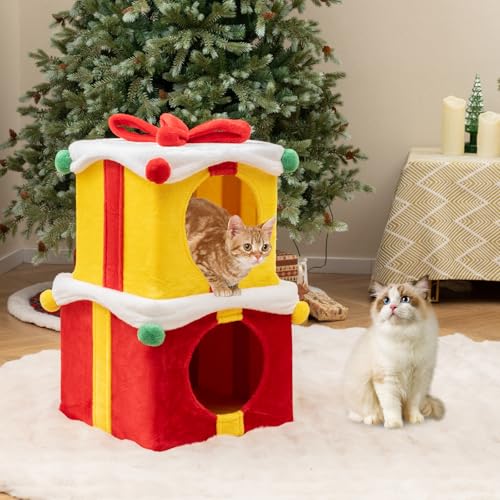 COSTWAY 2-stöckige Katzenhöhle Weihnachten, stapelbare Geschenkboxen mit Schleife & Ball, Katzenhaus mit Plüschbezug, Katzenbett Katzen, Katzenmöbel Indoor, Rot + Gelb von COSTWAY