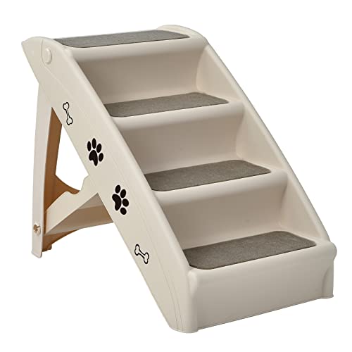 COSTWAY 4-stufige Haustiertreppe mit Teppichboden, Hundetreppe Kunststoff Katzentreppe faltbar, Hunderampe tragbar Tiertreppe für Hunde und Katzen, Tierrampe zum Klettern und Kratzen (Beige) von COSTWAY