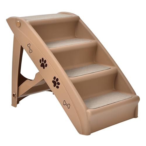 COSTWAY 4-stufige Haustiertreppe mit Teppichboden, Hundetreppe Kunststoff Katzentreppe faltbar, Hunderampe tragbar Tiertreppe für Hunde und Katzen, Tierrampe zum Klettern und Kratzen (Braun) von COSTWAY