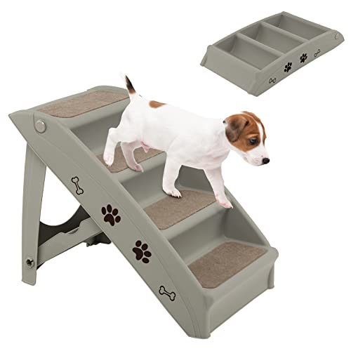 COSTWAY 4-stufige Haustiertreppe mit Teppichboden, Hundetreppe Kunststoff Katzentreppe faltbar, Hunderampe tragbar Tiertreppe für Hunde und Katzen, Tierrampe zum Klettern und Kratzen (Grau) von COSTWAY