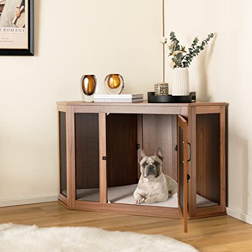 COSTWAY Hundehütte Eck, Hundebox mit Tür & Kissen, Haustierkiste Möbelstil für kleine Hunde Katze Haustier, Tierkäfig Hundekäfig Hundehaus Haustierhaus Zuhause Innen, Braun, 114 x 60 x 68 cm von COSTWAY