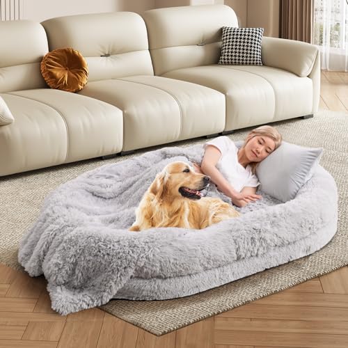COSTWAY Hundebett für Menschen und Hunde, riesiges Human Dog Bed mit Kissen & Decke, orthopädisch | flauschig | waschbar, Haustierbett für große Hunde & Erwachsene, 171 x 115cm, Oval (Grau) von COSTWAY