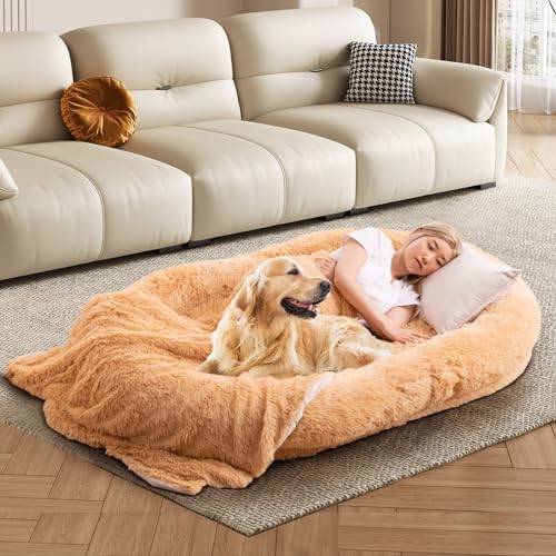 COSTWAY Hundebett für Menschen und Hunde, riesiges Human Dog Bed mit Kissen & Decke, orthopädisch | flauschig | waschbar, Haustierbett für große Hunde & Erwachsene, 171 x 115cm, Oval (Braun) von COSTWAY