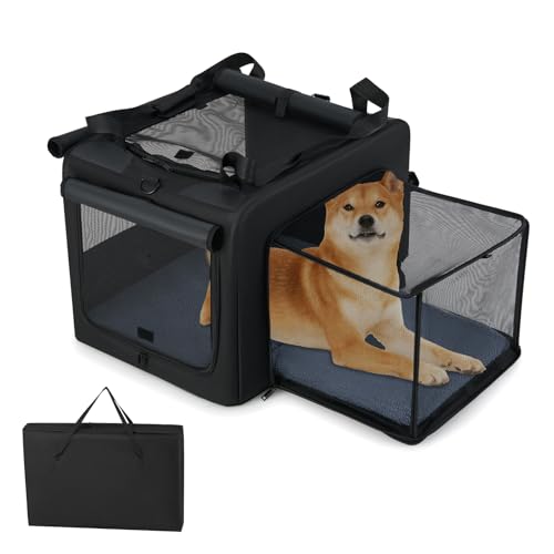 COSTWAY Hundebox faltbar, Transportbox Hund mit 2 Öffnungen, Fenster, Netzkorb, Griffen & Tasche, Hundetasche tragbar, für mittlere & große Haustiere, Metallrahmen, Schwarz (80 x 60 x 42 cm) von COSTWAY