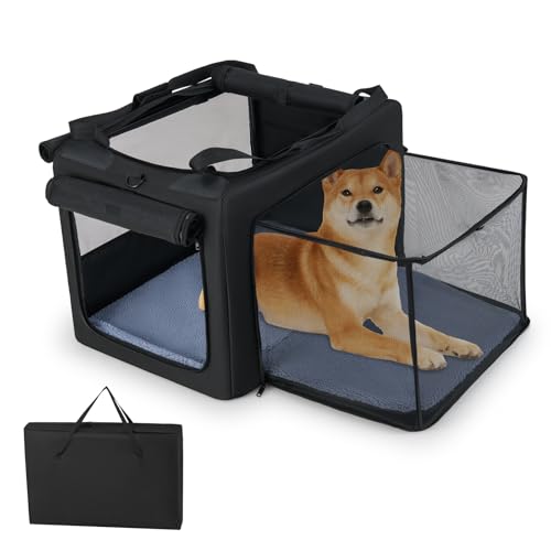 COSTWAY Hundebox faltbar, Transportbox Hund mit 2 Öffnungen, Fenster, Netzkorb, Griffen & Tasche, Hundetasche tragbar, für mittlere & große Haustiere, Metallrahmen, Schwarz (88 x 72 x 48 cm) von COSTWAY