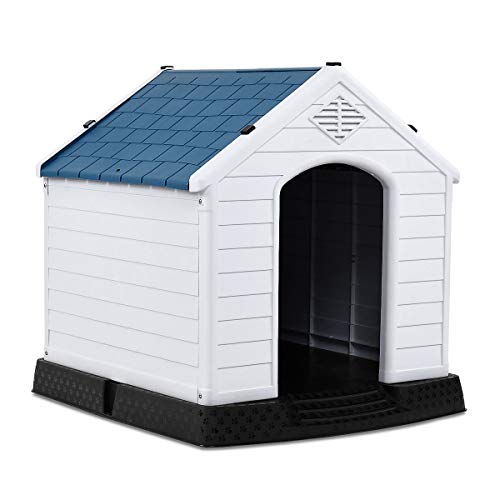 COSTWAY Hundehütte Kunststoff Hundehaus Plastik für Garten, Drinnen und Draußen, Hundehöhle mit Erhöhtem Boden, Hundekisten blau und weiß (70x65x71,5cm) von COSTWAY