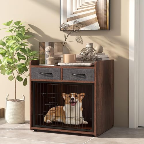 COSTWAY Hundekäfig Tierkäfig, Beistelltisch mit abschließbarer Tür & 2 Stoffschubladen, Hundebox im Möbelstil für kleine & mittelgroße Hunde, Hundehütte Indoor, Holz, Braun, 62x49,5x63cm von COSTWAY