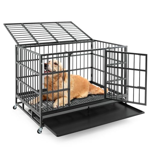 COSTWAY Hundekäfig faltbar mit 2 Türen, Transportkäfig mit Rollen & ausziehbarem Tablett, Transportbox Haustierkäfig Metall, Hundebox für große & extragroße Hunde, Schwarz (120 x 76 x 90 cm) von COSTWAY