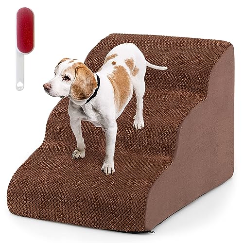 COSTWAY Hundetreppe 3 Stufen, rutschfeste Hundestufe aus Schaumstoff, 30kg belastbar, Haustiertreppe für Hunde Katzen, Katzentreppe Abnehmbar, Hunde Treppe für Sofa Bett, Waschbarer Bezug (Braun) von COSTWAY