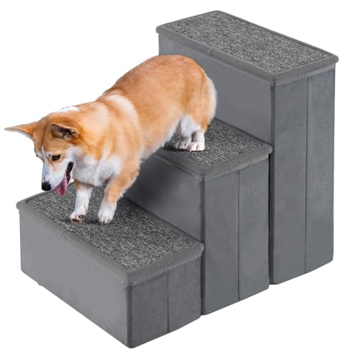 COSTWAY Hundetreppe 3 Stufen Faltbar, Haustiertreppe mit Stauraum, für kleine große ältere Hunde bis 50 kg, rutschfeste Hunderampe für Bett Sofa Couch Auto, Katzentreppe (51 x 39 x 45 cm,Grau) von COSTWAY