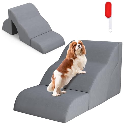 COSTWAY Hundetreppe 3 Stufen Set, rutschfeste Hundestufe aus Schaumstoff, Haustiertreppe für Hunde Katzen, Katzentreppe Abnehmbar, Waschbarer Bezug, Hunde Treppe für Sofa Bett, Grau von COSTWAY