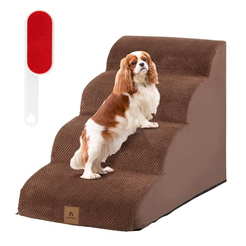 COSTWAY Hundetreppe 4 Stufen, rutschfeste Hundestufe aus Schaumstoff, Haustiertreppe für Hunde Katzen, Katzentreppe Abnehmbar, Hunde Treppe für Sofa Bett, Waschbarer Bezug (Braun) von COSTWAY