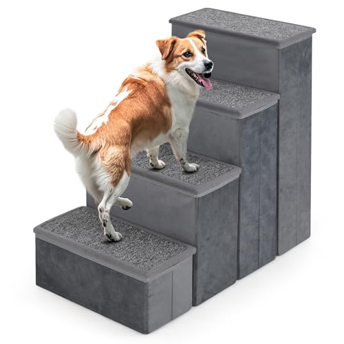 COSTWAY Hundetreppe 4 Stufen Faltbar, Haustiertreppe mit Stauraum, für kleine große ältere Hunde bis 50 kg, rutschfeste Hunderampe für Bett Sofa Couch Auto, Katzentreppe (38 x 65 x 58 cm,Grau) von COSTWAY