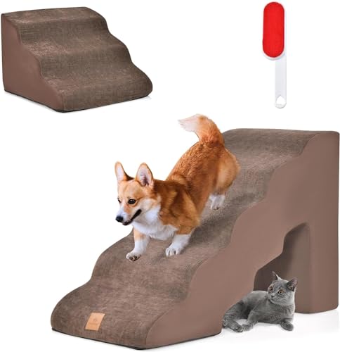 COSTWAY Hundetreppe 5+3 Stufen, rutschfeste Hundestufe, Schaumstoff, 30+20 kg belastbar, Haustiertreppe für Katzen Hunde, Katzentreppe Abnehmbar, Hunde Treppe für Bett Sofa, Waschbarer Bezug (Braun) von COSTWAY