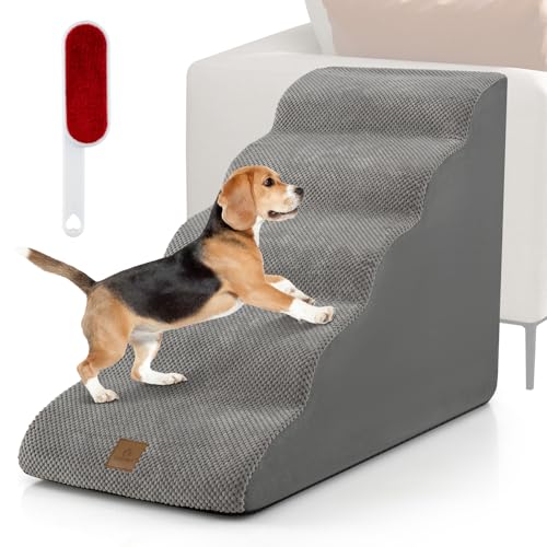 COSTWAY Hundetreppe 5 Stufen, rutschfeste Hundestufe aus Schaumstoff, 30kg belastbar, Haustiertreppe für Hunde Katzen, Katzentreppe Abnehmbar, Hunde Treppe für Sofa Bett, Waschbarer Bezug (Grau) von COSTWAY