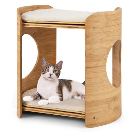 COSTWAY Katzenbett 2 Etagen Bambus, Katzenschlafplatz mit abnehmbaren Plüschmatten & 2 Katzenlöchern, Katzenhaus mit 2 Betten, Katzenmöbel Katzen, Katzenhöhle Indoor, Natur+Beige, 40 x 33 x 41 cm von COSTWAY