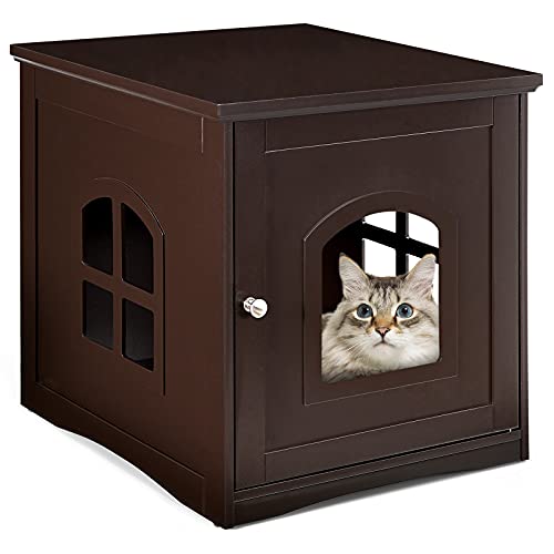 COSTWAY Katzenhaus Katzenklo mit magnetischer Tür, Kleintierhaus Katzentoilette Holz, Katzenschrank Haustier Haus Tierhaus 49x53x53cm (Braun) von COSTWAY