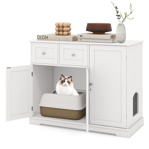 COSTWAY Katzenschrank für Katzentoilette, Katzenklo Schrank mit 2 Schubladen, 3 Türen & Eingang, Katzenhaus Katzenkommode Beistelltisch, Katzenmöbel für Innenbereich, modern, 100x45x80cm, Weiß von COSTWAY