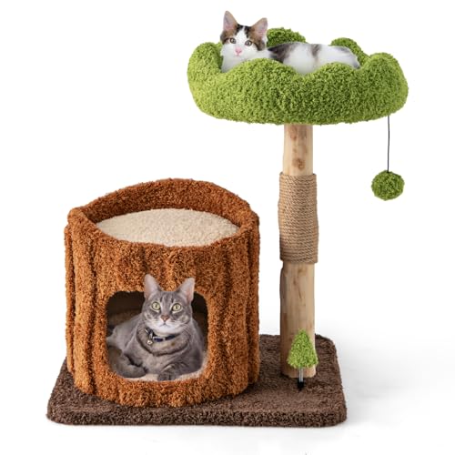 COSTWAY Kratzbaum Katzen, Katzenbaum mit Katzenhöhle in Baumlochform, Massivholz, Katzenturm mit Jutesäule & Liegeflächen & Ball, Katzenmöbel Katzenkratzbaum, Braun+Grün (60x46x73cm) von COSTWAY