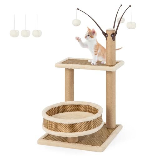 COSTWAY Kratzbaum Rattan, Katzenbaum Klein, Katzenkratzbaum mit Plattform & 3 Spielbällen & Kratzpfosten & Bett, Kletterzentrum Kletterbaum, Katzen Katzenmöbel, Braun (3-stöckig-40x40x80cm) von COSTWAY