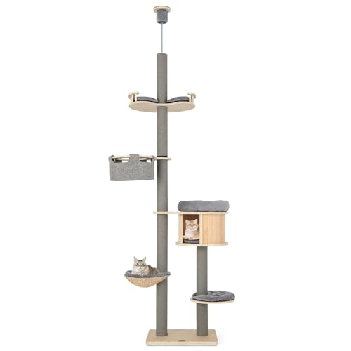 COSTWAY Kratzbaum deckenhoch, 255-280 cm, von Boden bis Decke, 6-stöckiger Katzenbaum, Katzenkratzbaum hoch, Kletterbaum mit Katzenhöhle & Hängematte & Korb & Plattform, Katzen Katzenmöbel Holz, Grau von COSTWAY