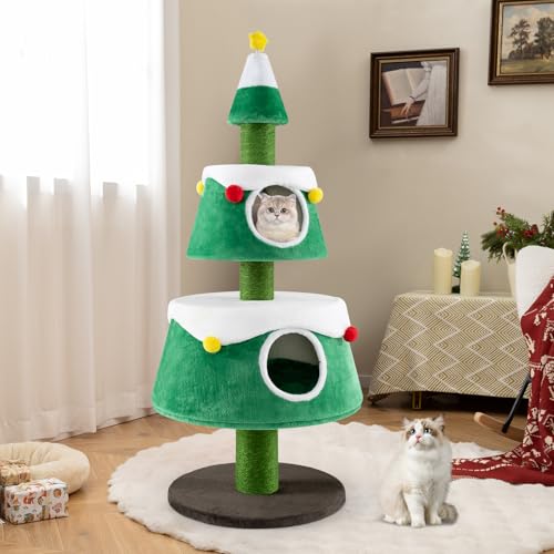 COSTWAY Kratzbaum für Weihnachten, süßer Katzenbaum mit 2 Katzenhöhlen & Sisal-Kratzsäulen & Spielzeug & Plüschkissen, Katzenmöbel Weihnachtsbaum Indoor, Katzenkratzbaum, 59 x 153 cm, Grün von COSTWAY