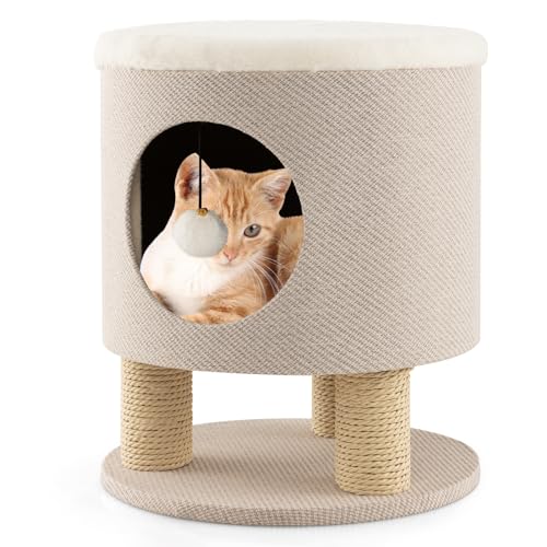 COSTWAY Kratzbaum klein, Katzenhöhle & Hocker, Katzenbaum mit weicher Sitzfläche & 3 Sisal-Kratzsäulen & Ball, Katzenhaus Kletterbaum, Katzenkratzbaum Katzen Katzenmöbel, 40x40x47cm (Beige) von COSTWAY