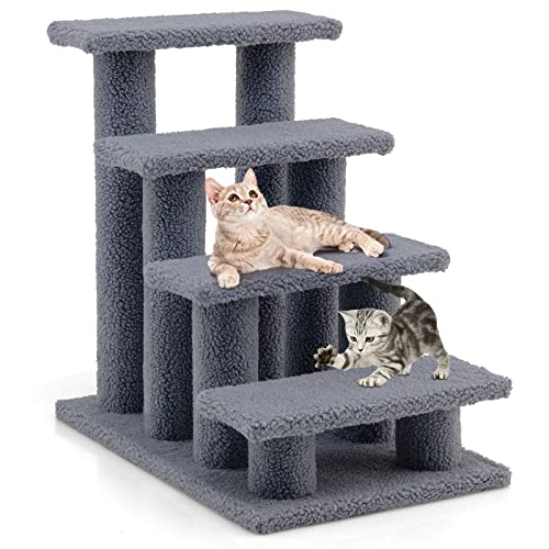 COSTWAY Tiertreppe Katzentreppe 4 Stufen, Treppe für Katze und Hunde bis 25 kg, Haustiertreppe Klein, Hundetreppe Spielbaum, 61 x 41 x 60 cm, Spanplatte und Kunstvlies (grau) von COSTWAY