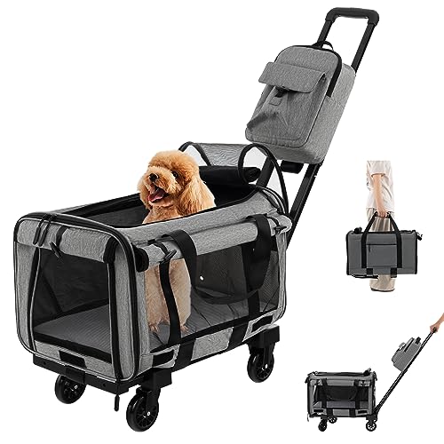 COSTWAY Transportbox Katze, Hunde Tragetasche Mobil, Transporttasche mit Teleskopgriff & Rädern & kleine Tasche, klappbare Reisebox für kleine & mittelgroße Haustiere, Hundebox Katzentasche, Grau von COSTWAY