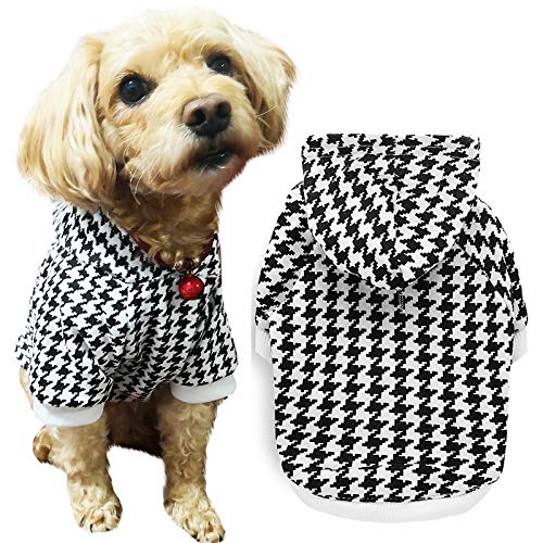 COUTUDI Hundepullover für kleine Hunde, Hunde-Kapuzenpullover weicher und warmer mit Leinenloch Tasche, Hunde-Wintermantel, Kaltwetter-Kleidung (L, Hahnentritt) von COUTUDI