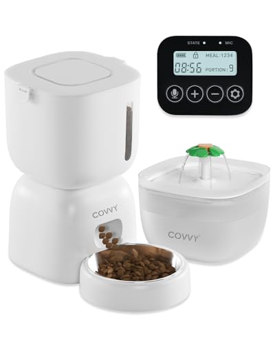 COVVY Automatischer Futterspender und Katzenwasser-Set, futterautomat Katzen mit LCD-Bildschirm, Timer, futterautomat für Katzen und Hunde, 1–4 Mahlzeiten, Portionskontrolle, 3 l Futterspender von COVVY