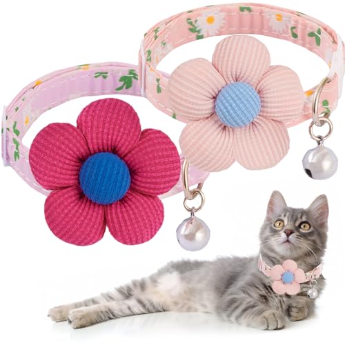 Katzenhalsband, Breakaway-Kätzchen-Halsband mit Glocke und Blume für Mädchen und Jungen, niedliches sicheres Haustierhalsband, verstellbare Länge (2 Stück) (Rosa + Lila) von COZIRAE