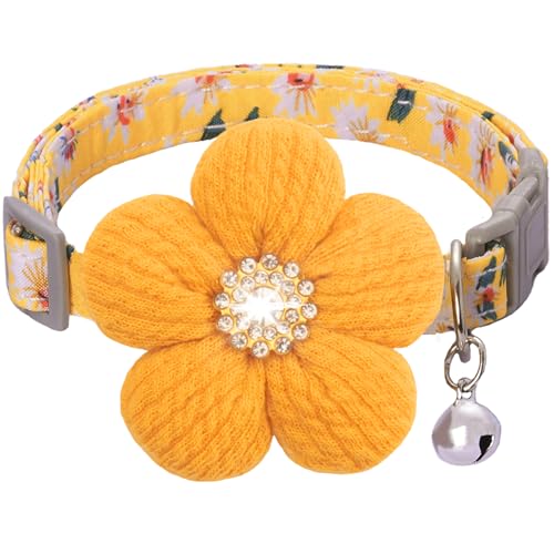 Kleines Hundehalsband mit Blume, Welpenhalsband für Mädchen, Hundehalsbänder für kleine Hunde, niedliches Hundehalsband mit Glöckchen, verstellbare Länge (Gelb) von COZIRAE