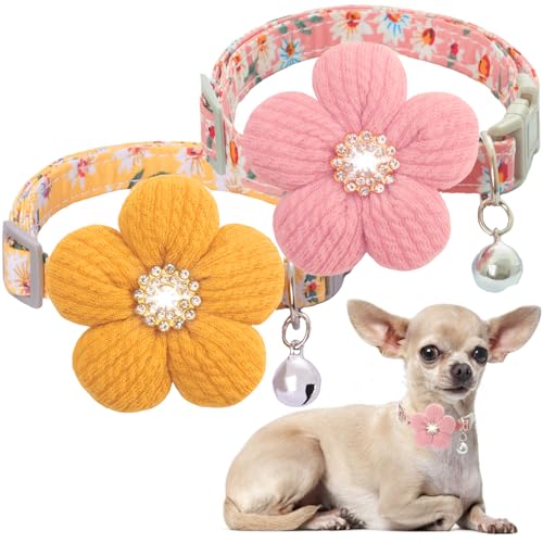 Kleines Hundehalsband mit Blume, Welpenhalsband für Mädchen, Hundehalsbänder für kleine Hunde, niedliches Hundehalsband mit Glöckchen, verstellbare Länge (Rosa + Gelb) von COZIRAE