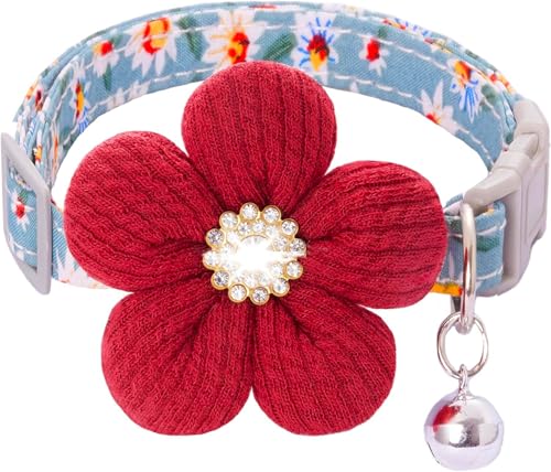 Kleines Hundehalsband mit Blume, Welpenhalsband für Mädchen, Hundehalsbänder für kleine Hunde, niedliches Hundehalsband mit Glöckchen, verstellbare Länge (Rot) von COZIRAE