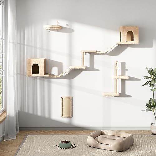 COZIWOW 8-in-1 Wandmontiertes Katzenkletterer-Set, Katzen-Wandregale Möbel mit Katzenbaum, Wohnhaus, Sitzstange, Kratzer, Brücke, Spielzeug, Holz Indoor Cat Activity Center, Große Katzen (Beige) von COZIWOW