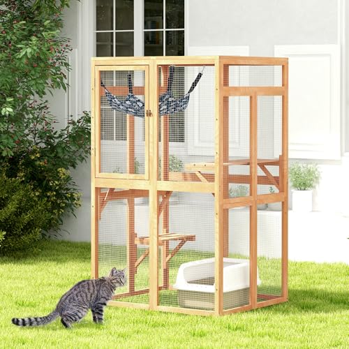 COZIWOW Catio Outdoor Katzengehege Fensterzugang Holz Katzenhaus Unterstand Kitty Käfig mit 3 Plattformen für Terrasse Indoor (Burlywood) von COZIWOW