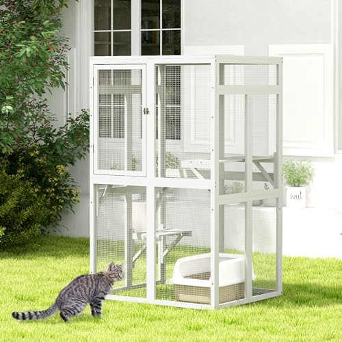 COZIWOW Catio Outdoor Katzengehege Fensterzugang Holz Katzenhaus Unterstand Kitty Käfig mit 3 Plattformen für Terrasse Indoor (Weiß) von COZIWOW