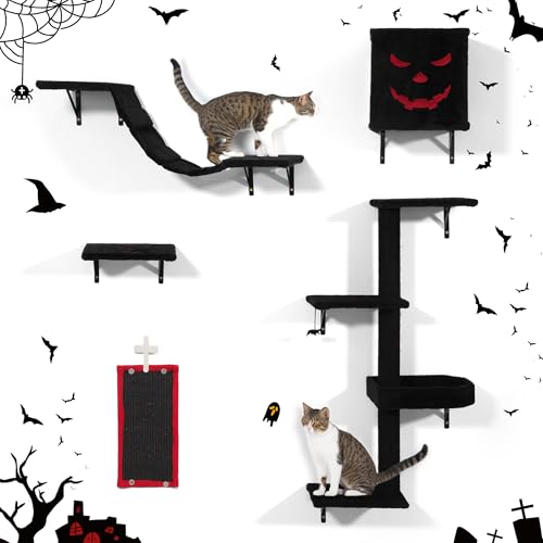 COZIWOW Gothic Wandmontierte Katzenmöbel, 5-teiliges Luxus-Katzen-Wand-Kletterregal-Set mit Katzenbaum, Katzenhaus, Katzenkratzer, Katzenbrücke und Katzen-Sitzstange, DIY-Katzenwände, Spielplatz, von COZIWOW