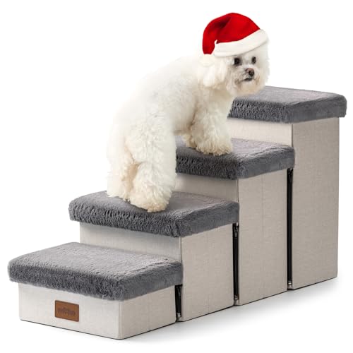 COZY KISS Haustiertreppe für Kleine Hunde mit Stauraum, Hundetreppe Faltbare für Bett Couch, Hunde Treppe Hunderampe mit Rutschfestem Boden, Lecksichere, Bis Zu 80kg, 33x84x45cm, 4 Stufen, Grau von COZY KISS