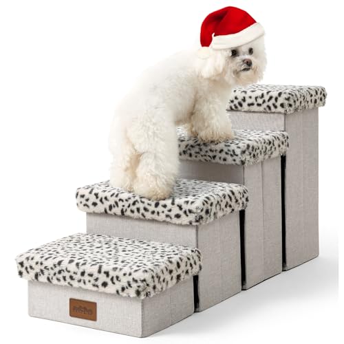 COZY KISS Haustiertreppe für Kleine Hunde mit Stauraum, Hundetreppe Faltbare für Bett Couch, Hunde Treppe Hunderampe mit Rutschfestem Boden, Lecksichere, Bis Zu 80kg, 33x84x45cm, 4 Stufen, Leopard von COZY KISS