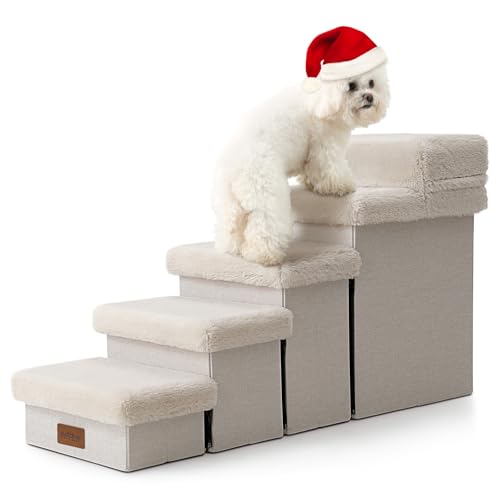 COZY KISS Haustiertreppe für Kleine Hunde mit Stauraum, Hundetreppe Faltbare für Hochbett, Hunde Treppe Hunderampe mit Rutschfestem Boden, Lecksichere, Bis Zu 80kg, 33x101x54cm, 5 Stufen, Beige von COZY KISS