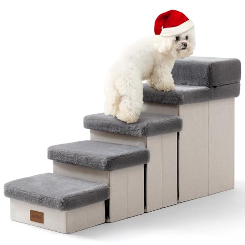 COZY KISS Haustiertreppe für Kleine Hunde mit Stauraum, Hundetreppe Faltbare für Hochbett, Hunde Treppe Hunderampe mit Rutschfestem Boden, Lecksichere, Bis Zu 80kg, 33x101x54cm, 5 Stufen, Grau von COZY KISS