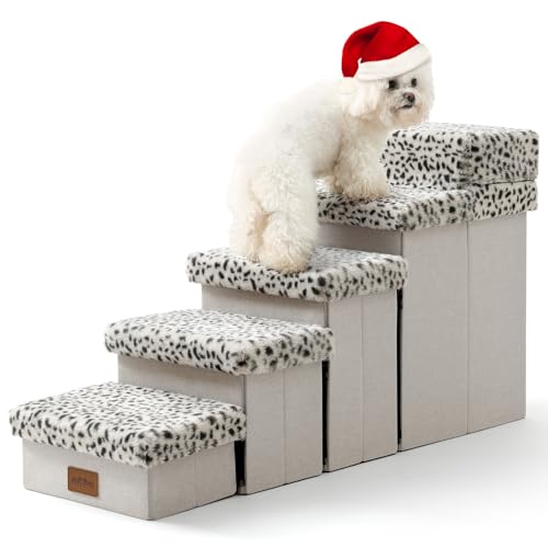 COZY KISS Haustiertreppe für Kleine Hunde mit Stauraum, Hundetreppe Faltbare für Hochbett, Hunde Treppe Hunderampe mit Rutschfestem Boden, Lecksichere, Bis Zu 80kg, 33x101x54cm, 5 Stufen, Leopard von COZY KISS