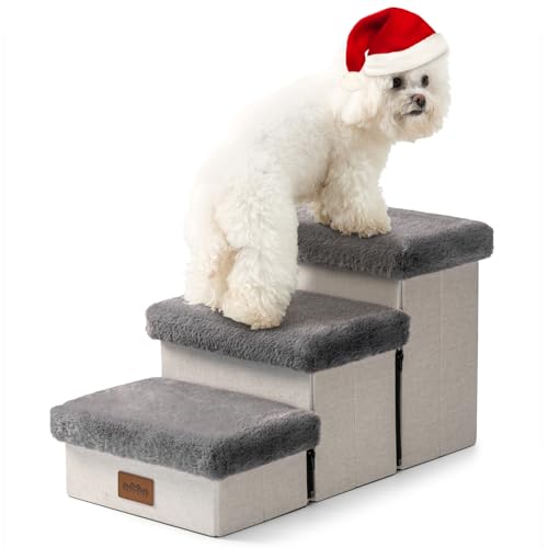 COZY KISS Haustiertreppe für Kleine Hunde mit Stauraum, Hundetreppe Faltbare für Sofa Couch, Hunde Treppe Hunderampe mit Rutschfestem Boden, Lecksichere, Bis Zu 80kg, 33x63x35cm, 3 Stufen, Grau von COZY KISS