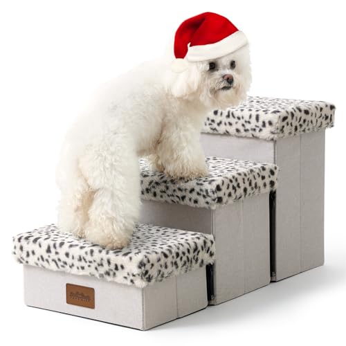 COZY KISS Haustiertreppe für Kleine Hunde mit Stauraum, Hundetreppe Faltbare für Sofa Couch, Hunde Treppe Hunderampe mit Rutschfestem Boden, Lecksichere, Bis Zu 80kg, 33x63x35cm, 3 Stufen, Leopard von COZY KISS