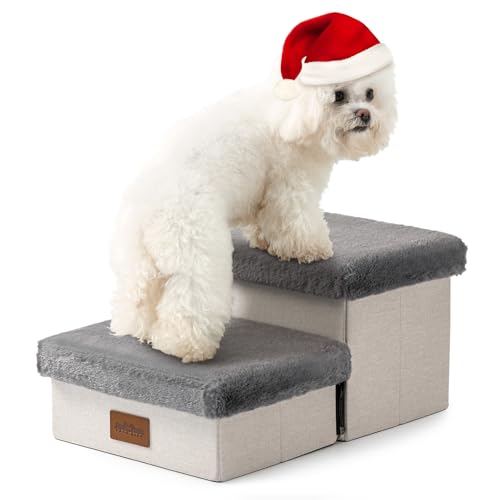 COZY KISS Haustiertreppe für Kleine Hunde mit Stauraum, Hundetreppe Faltbare für Vorsitz, Hunde Treppe Hunderampe mit Rutschfestem Boden, Lecksichere, Bis Zu 80kg, 33x50x25cm, 2 Stufen, Grau von COZY KISS