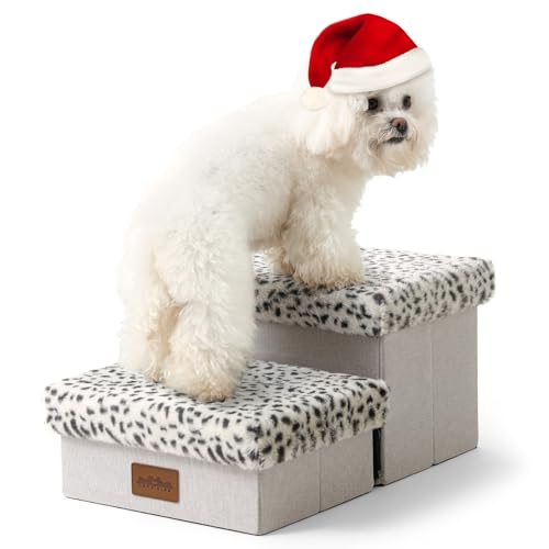 COZY KISS Haustiertreppe für Kleine Hunde mit Stauraum, Hundetreppe Faltbare für Vorsitz, Hunde Treppe Hunderampe mit Rutschfestem Boden, Lecksichere, Bis Zu 80kg, 33x50x25cm, 2 Stufen, Leopard von COZY KISS