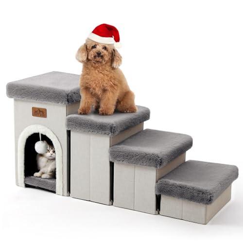 COZY KISS Haustiertreppe für Kleine Hunde mit Stauraum Und Wohnung, Hundetreppe Faltbare für Sofa Couch, Hunde Treppe mit Rutschfestem Boden, Lecksichere, Bis Zu 80kg, Beige (Grau, 33x89x45cm, 4) von COZY KISS