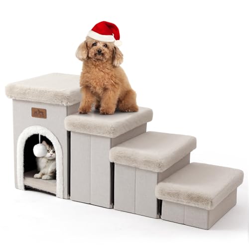 COZY KISS Haustiertreppe für Kleine Hunde mit Stauraum Und Wohnung, Hundetreppe Faltbare für Bett Couch, Hunde Treppe mit Rutschfestem Boden, Lecksichere, Bis Zu 80kg, 33x89x45cm, 4 Stufen, Beige von COZY KISS